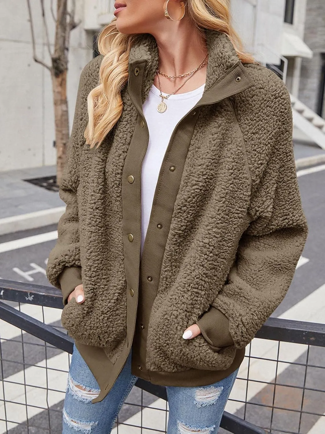 TECREW Womens Winter Sherpa Fleece Button Jacket Coat Loose Long Sleeve Outwear with Pockets