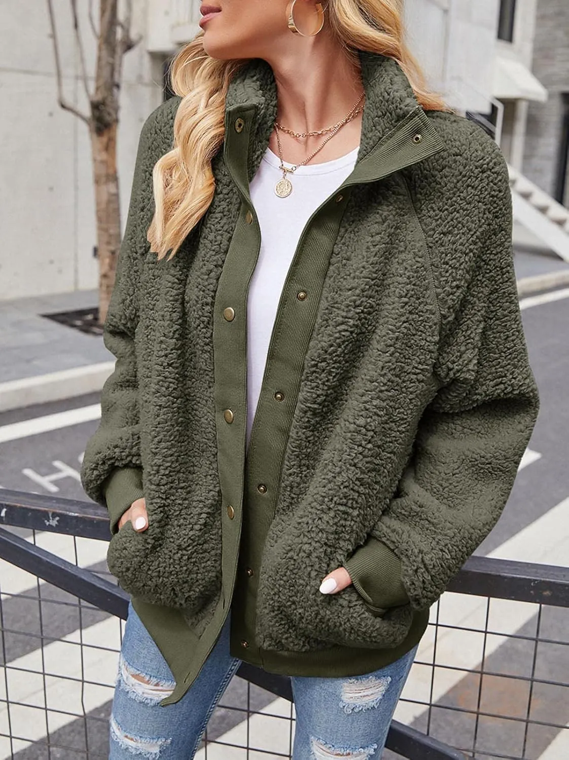 TECREW Womens Winter Sherpa Fleece Button Jacket Coat Loose Long Sleeve Outwear with Pockets