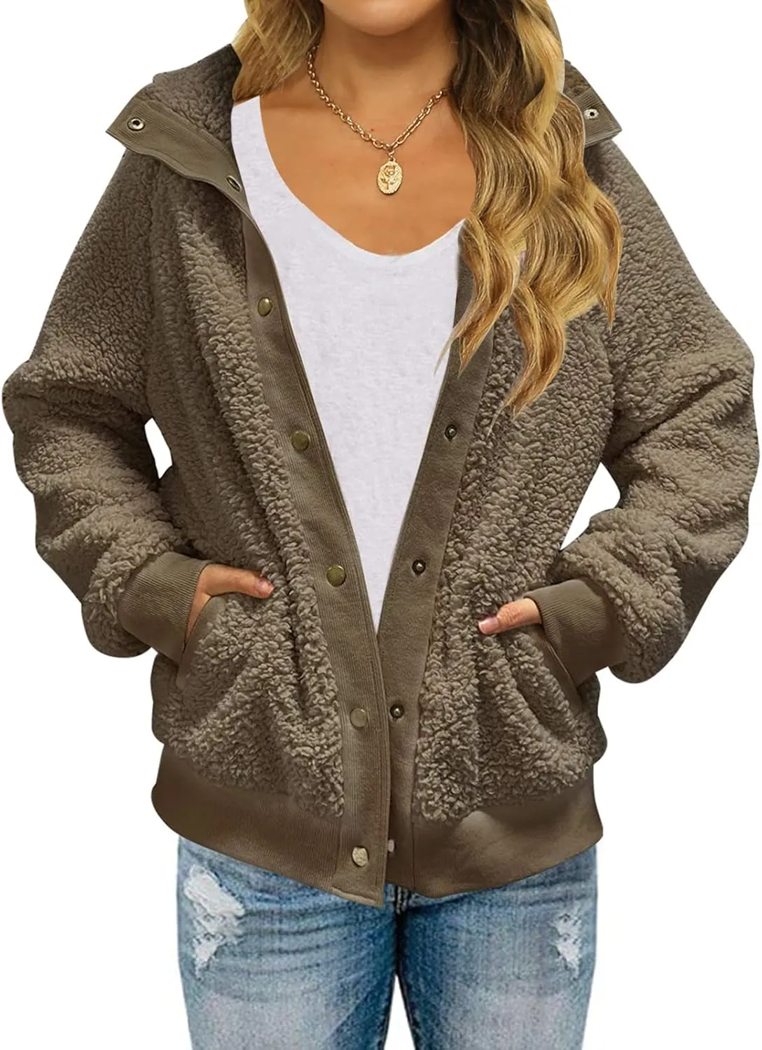 TECREW Womens Winter Sherpa Fleece Button Jacket Coat Loose Long Sleeve Outwear with Pockets