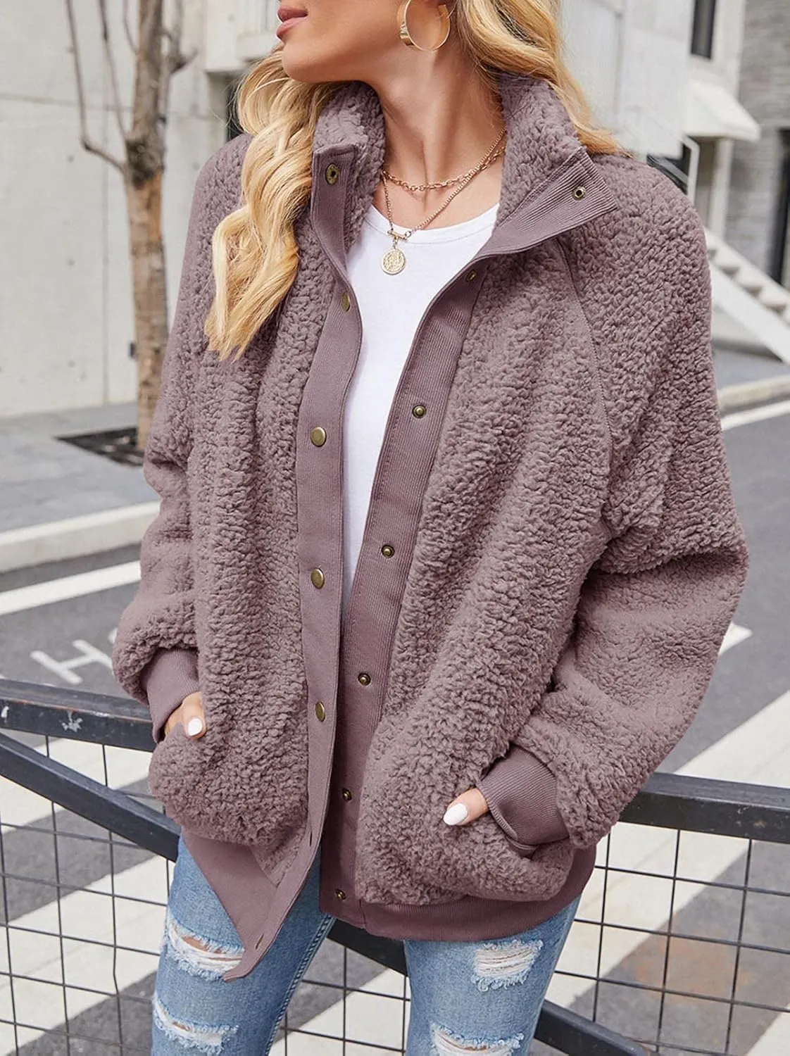 TECREW Womens Winter Sherpa Fleece Button Jacket Coat Loose Long Sleeve Outwear with Pockets