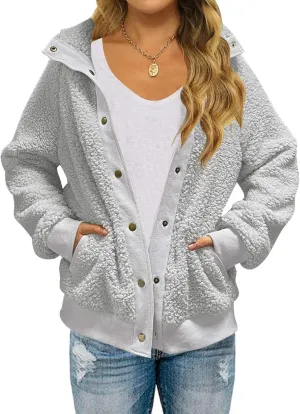 TECREW Womens Winter Sherpa Fleece Button Jacket Coat Loose Long Sleeve Outwear with Pockets