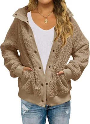 TECREW Womens Winter Sherpa Fleece Button Jacket Coat Loose Long Sleeve Outwear with Pockets
