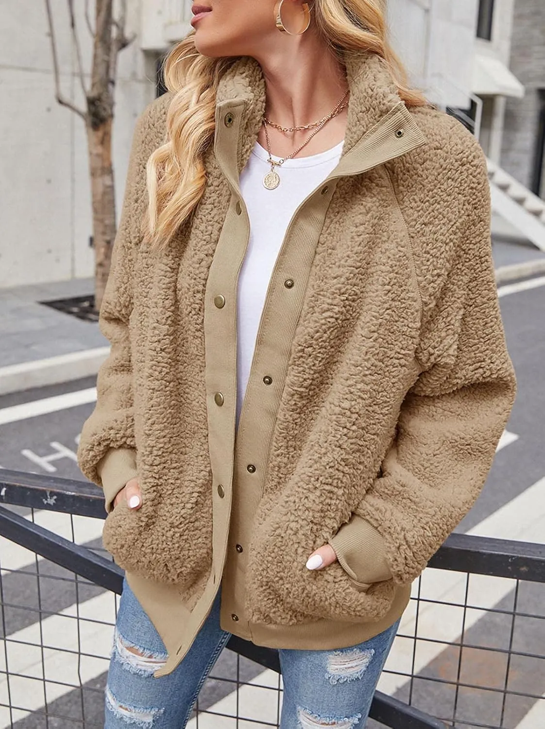 TECREW Womens Winter Sherpa Fleece Button Jacket Coat Loose Long Sleeve Outwear with Pockets