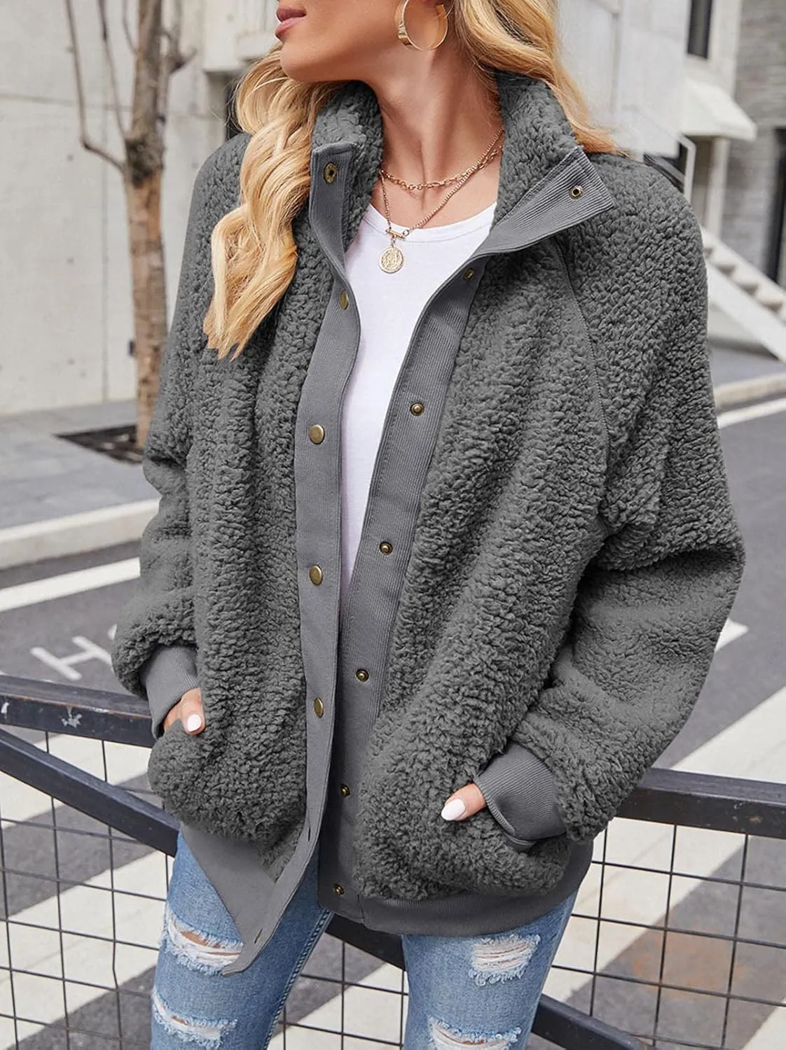 TECREW Womens Winter Sherpa Fleece Button Jacket Coat Loose Long Sleeve Outwear with Pockets
