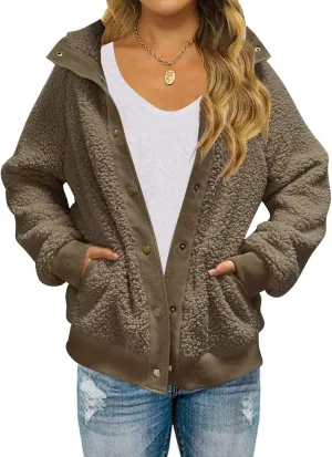 TECREW Womens Winter Sherpa Fleece Button Jacket Coat Loose Long Sleeve Outwear with Pockets