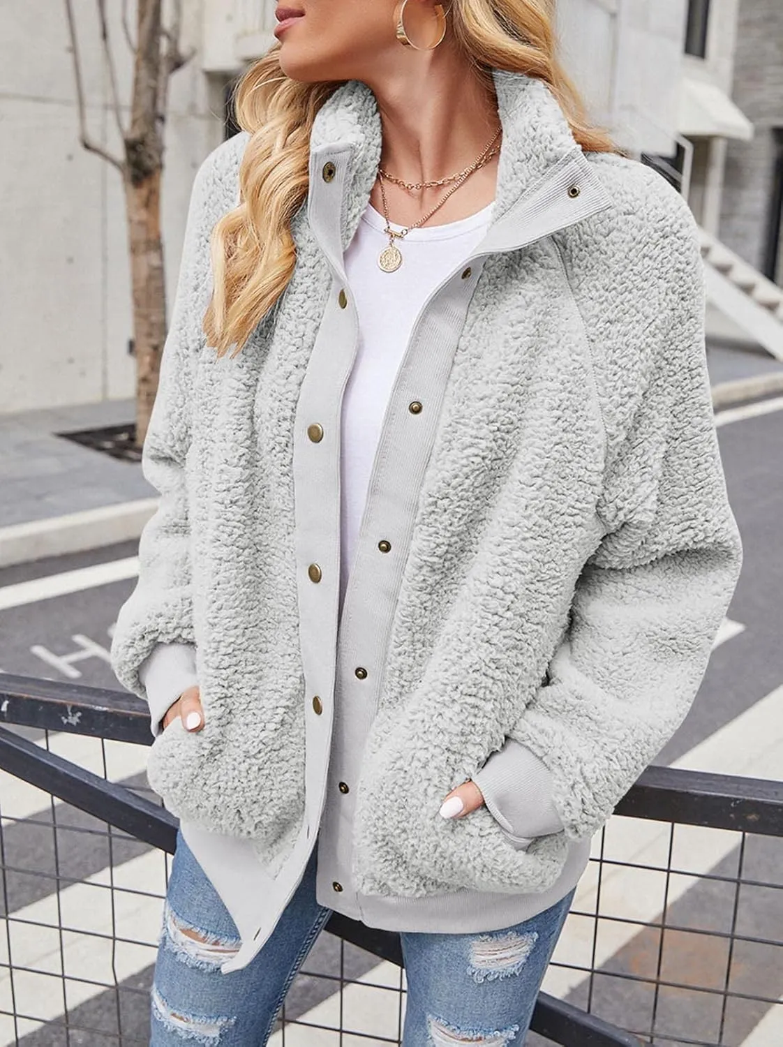 TECREW Womens Winter Sherpa Fleece Button Jacket Coat Loose Long Sleeve Outwear with Pockets