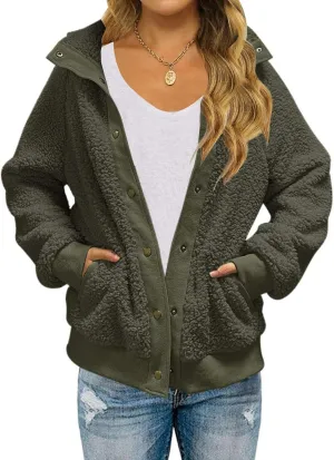 TECREW Womens Winter Sherpa Fleece Button Jacket Coat Loose Long Sleeve Outwear with Pockets