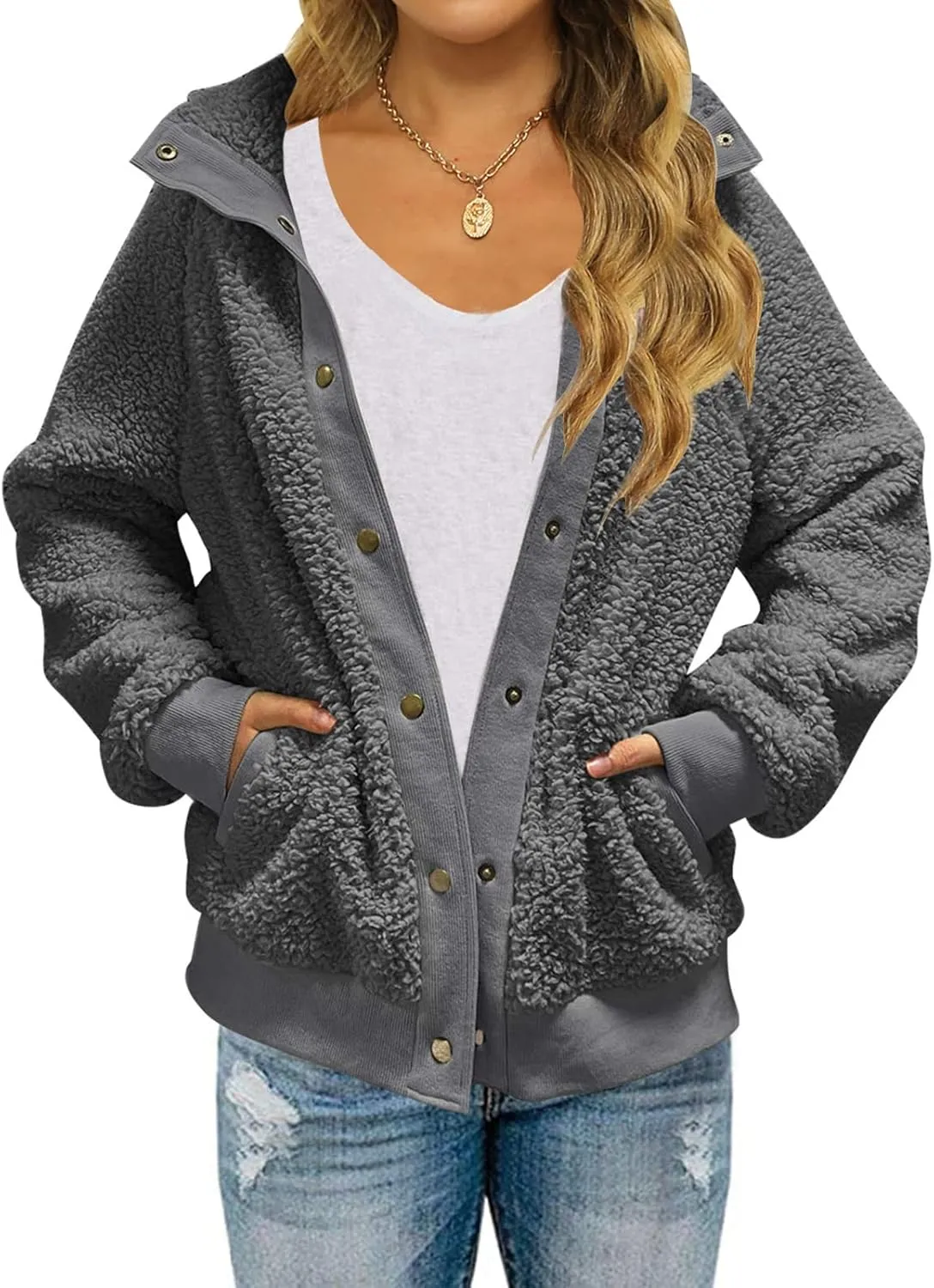 TECREW Womens Winter Sherpa Fleece Button Jacket Coat Loose Long Sleeve Outwear with Pockets