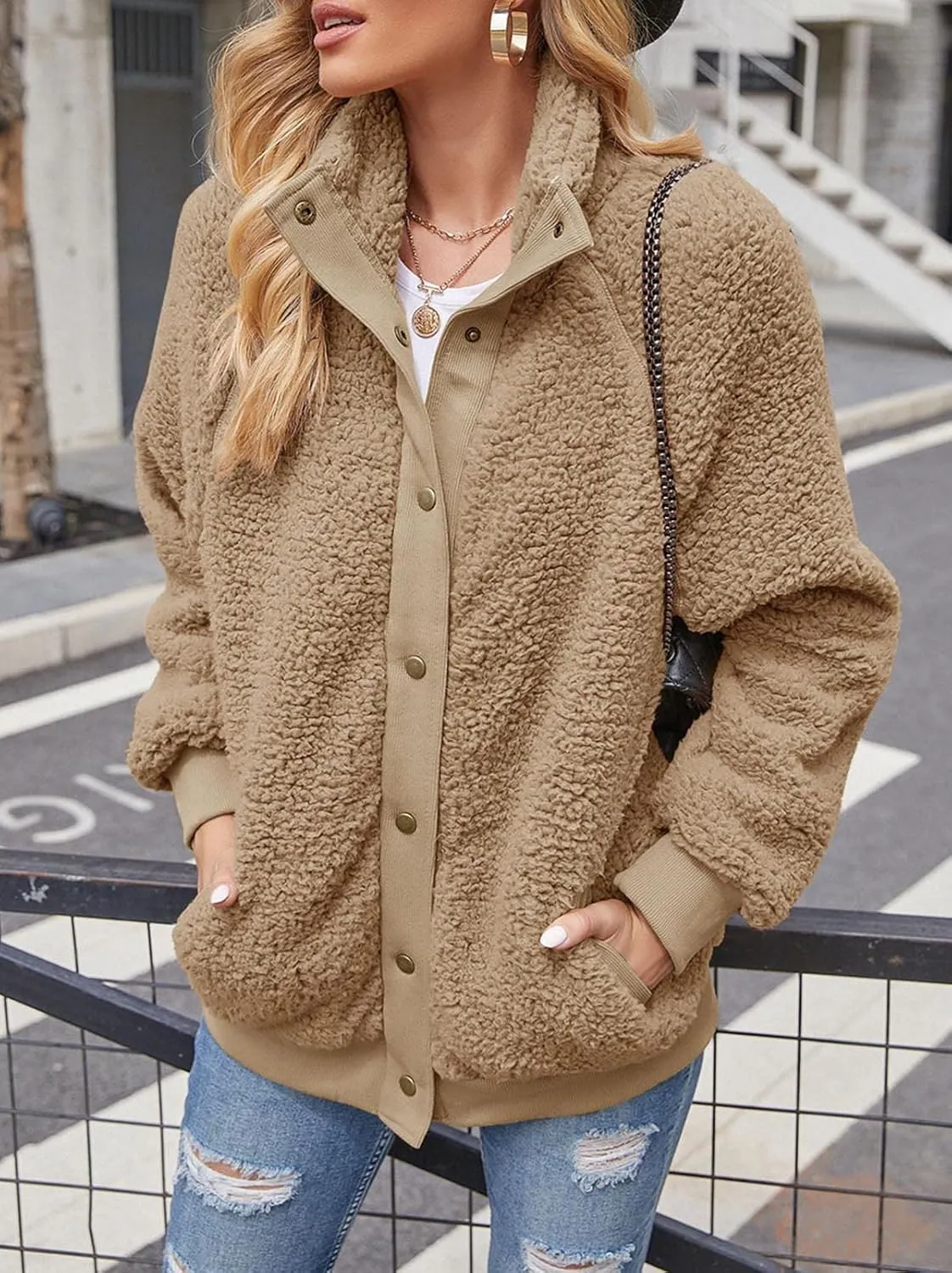TECREW Womens Winter Sherpa Fleece Button Jacket Coat Loose Long Sleeve Outwear with Pockets