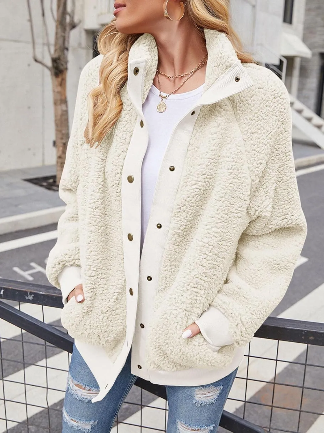TECREW Womens Winter Sherpa Fleece Button Jacket Coat Loose Long Sleeve Outwear with Pockets