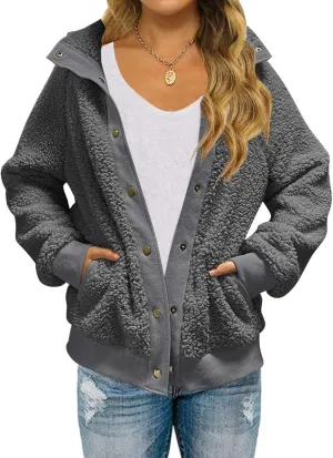 TECREW Womens Winter Sherpa Fleece Button Jacket Coat Loose Long Sleeve Outwear with Pockets