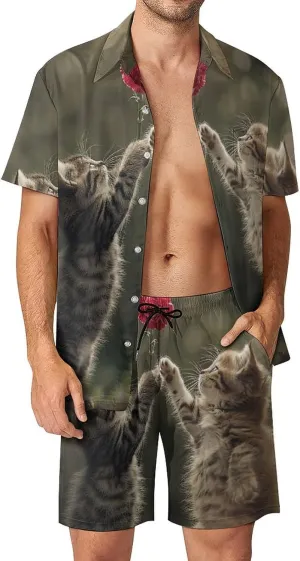 The Cat Is Reaching Out Mens Swimsuit 2 Pieces Set Quick Dry Shorts Shirts Summer Button Down Short Sleeve Set