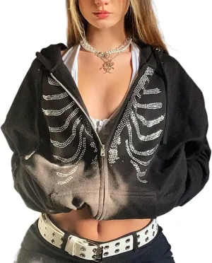 TINXIEA Women's E-Girl Oversized Sweatshirt Vintage Zip Hoodies Coat Long Sleeve 90s Streetwear Pullover Jacket(Rhinestone Skeleton, X-Large)