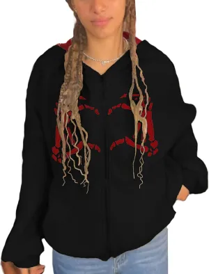 TINXIEA Women's E-Girl Oversized Sweatshirt Vintage Zip Up Hoodies Coat Long Sleeve 90s Streetwear Pullover Jacket(Black Hand Bone, Small)