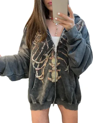 TINXIEA Women's E-Girl Oversized Sweatshirt Vintage Zip Up Hoodies Coat Long Sleeve 90s Streetwear Pullover Jacket(S-Grey, XX-Large)