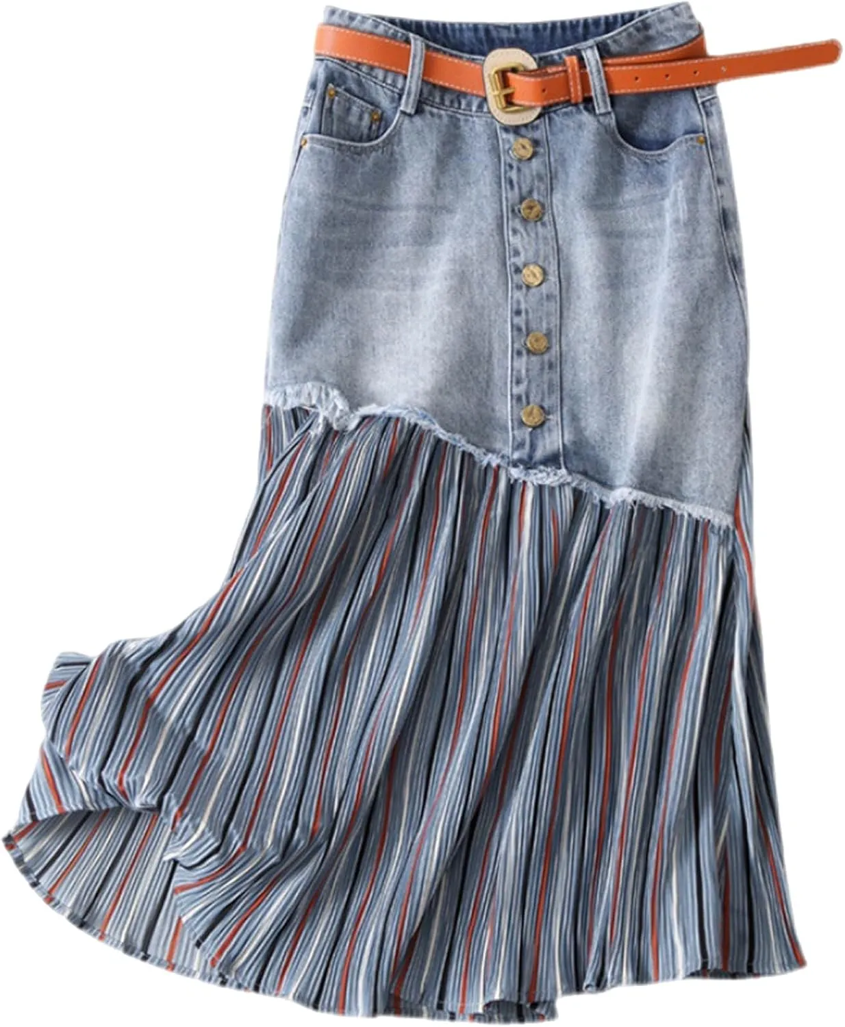 TUAQIANG Women's High Waist Denim Skirt, Pleated, Midi, Blue (S-3XL)