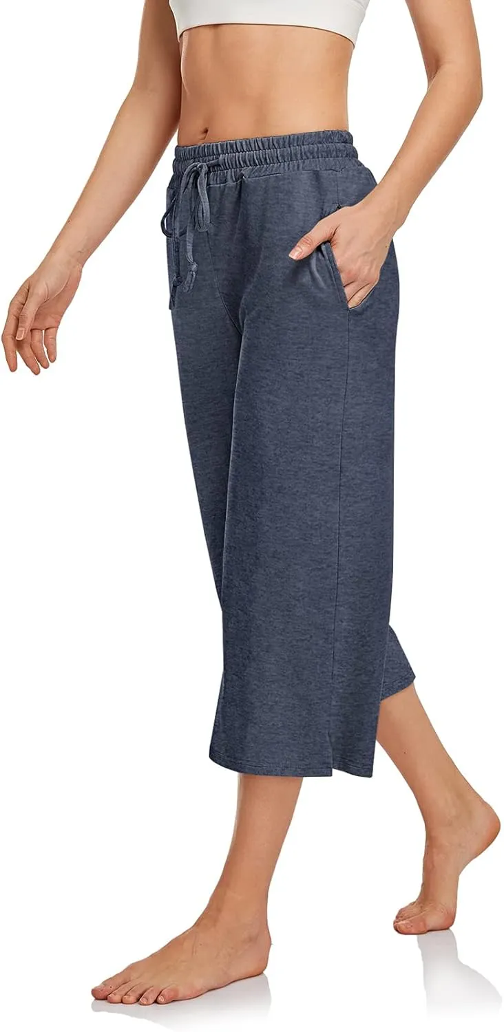 UEU Womens Capri Yoga Pants Summer Wide Leg Loose Casual Cropped Lounge Drawstring Pajama Capris Sweatpants with Pockets