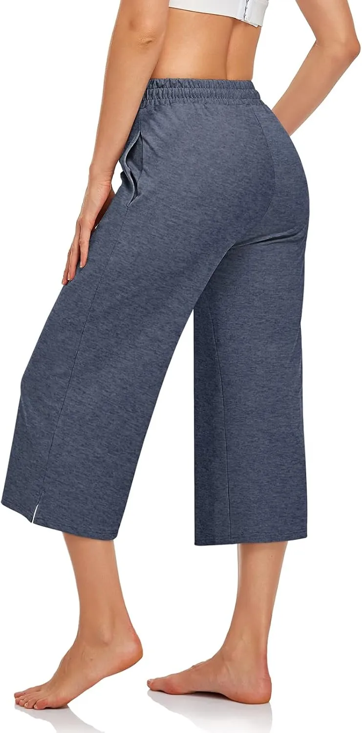 UEU Womens Capri Yoga Pants Summer Wide Leg Loose Casual Cropped Lounge Drawstring Pajama Capris Sweatpants with Pockets
