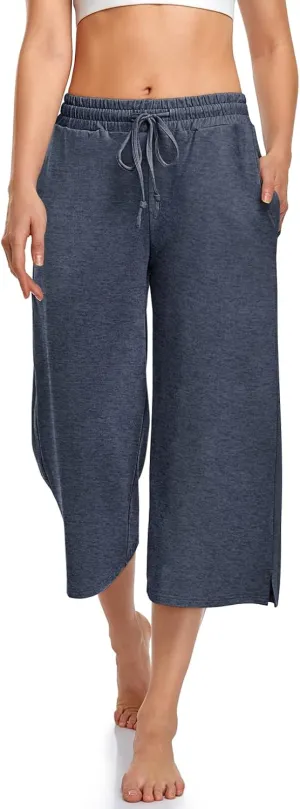 UEU Womens Capri Yoga Pants Summer Wide Leg Loose Casual Cropped Lounge Drawstring Pajama Capris Sweatpants with Pockets