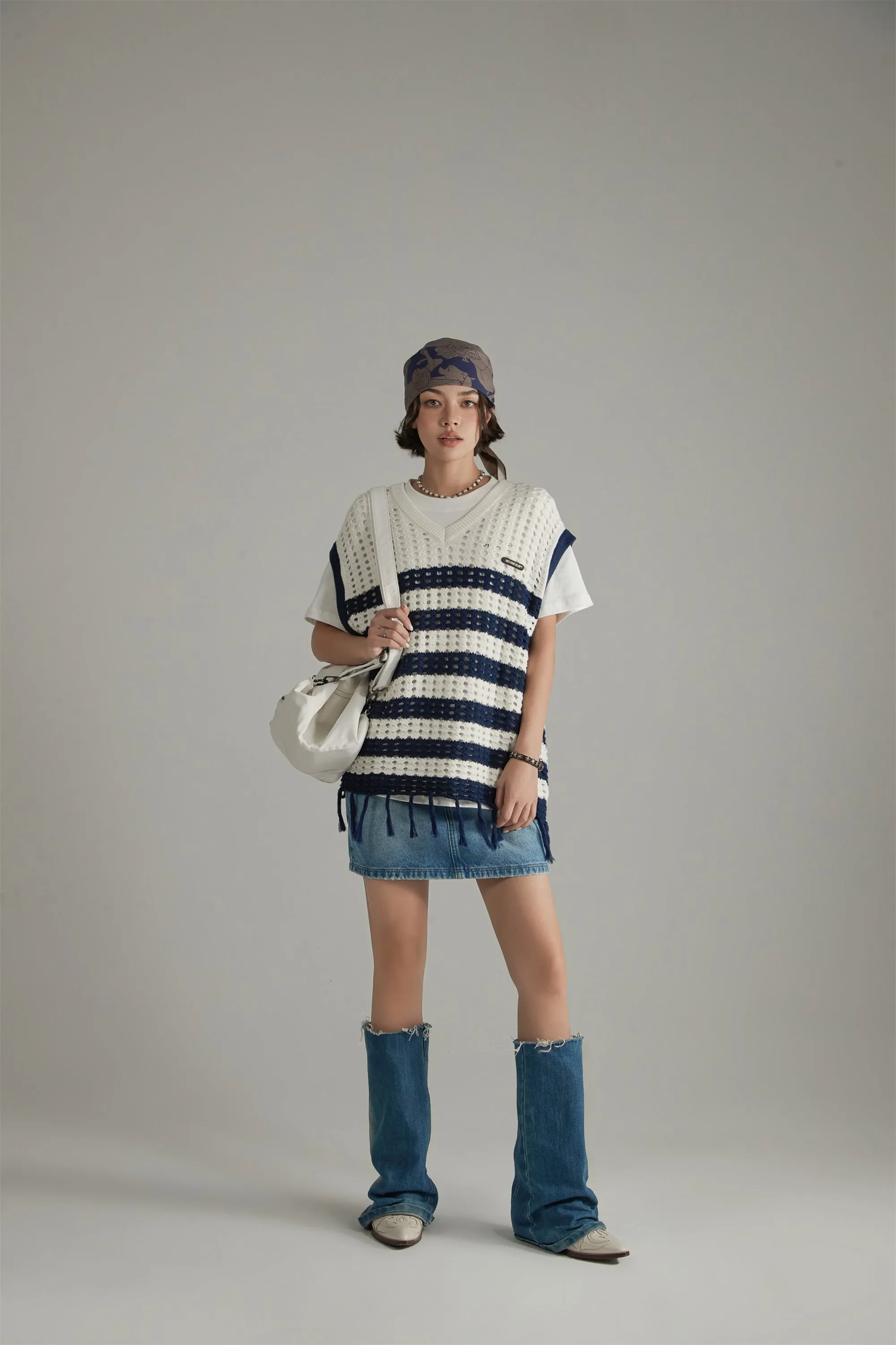 V Neck Color Contrast Stripe Knit Sweater Vest