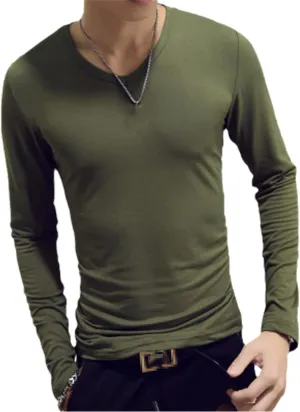 V Neck Mens Long Sleeve T Shirt Slim Fit Undershirt Summer Casual Tee Tops White Black Tshirt