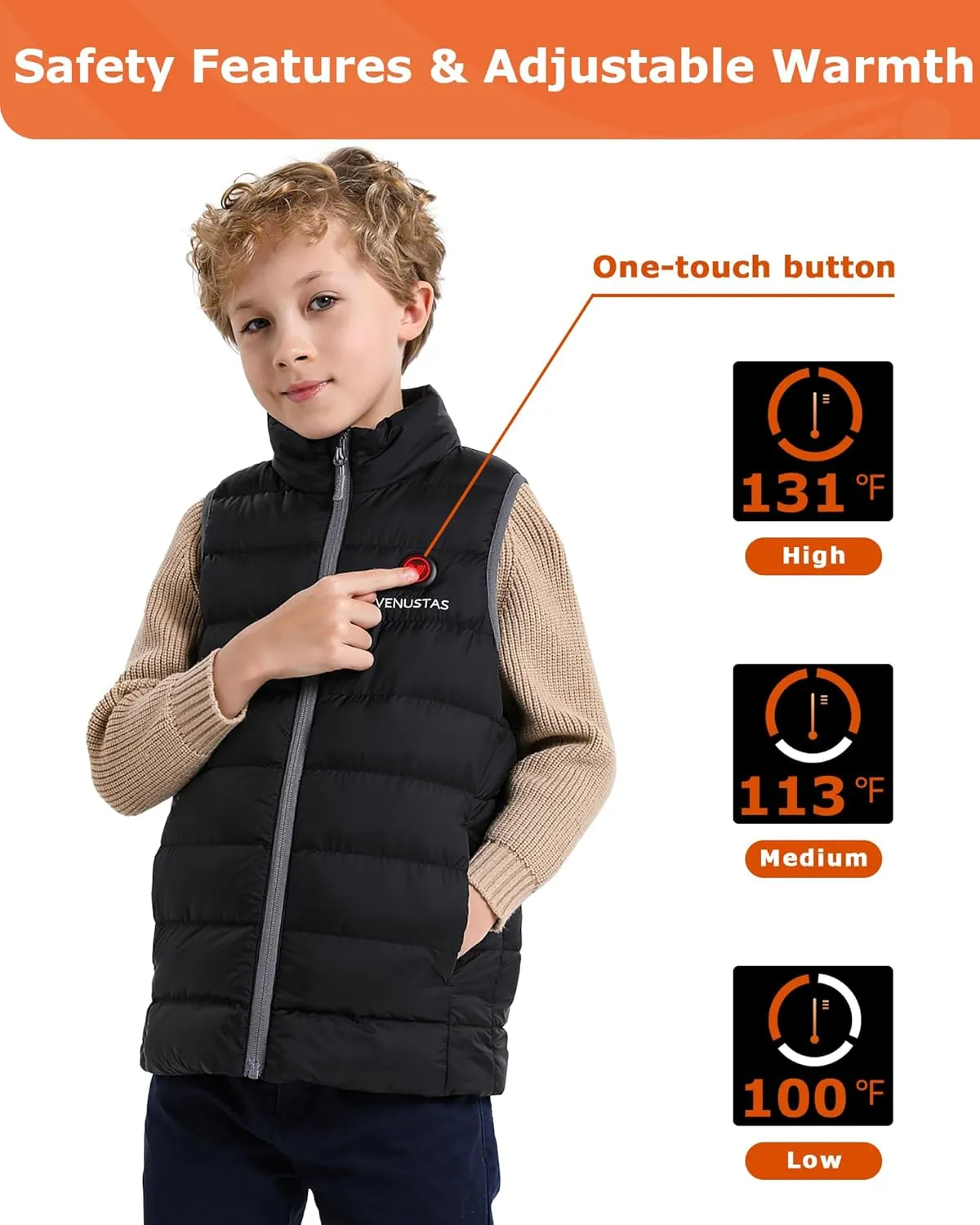 Venustas Kids Heated Vest with Battery Pack, Boys Girls Lightweight Electric Heated Vest