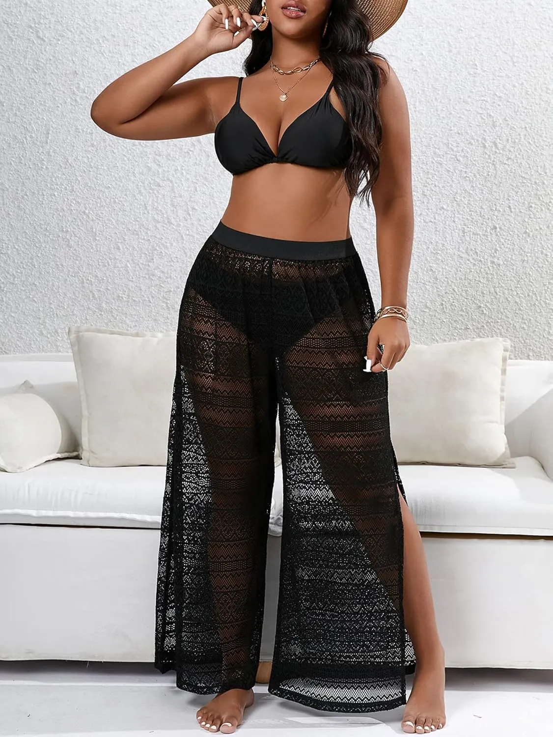Verdusa Women's Plus Size See Through Beach Cover Up Loose Pants Swimsuit Bikini Bottom