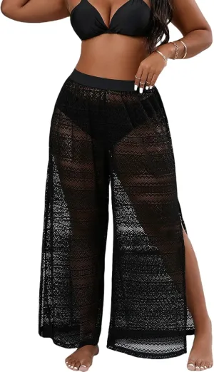 Verdusa Women's Plus Size See Through Beach Cover Up Loose Pants Swimsuit Bikini Bottom