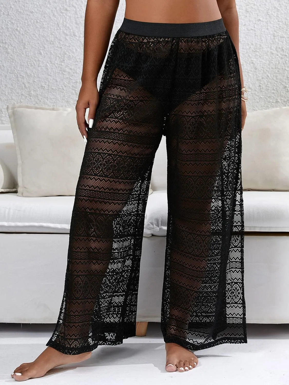 Verdusa Women's Plus Size See Through Beach Cover Up Loose Pants Swimsuit Bikini Bottom
