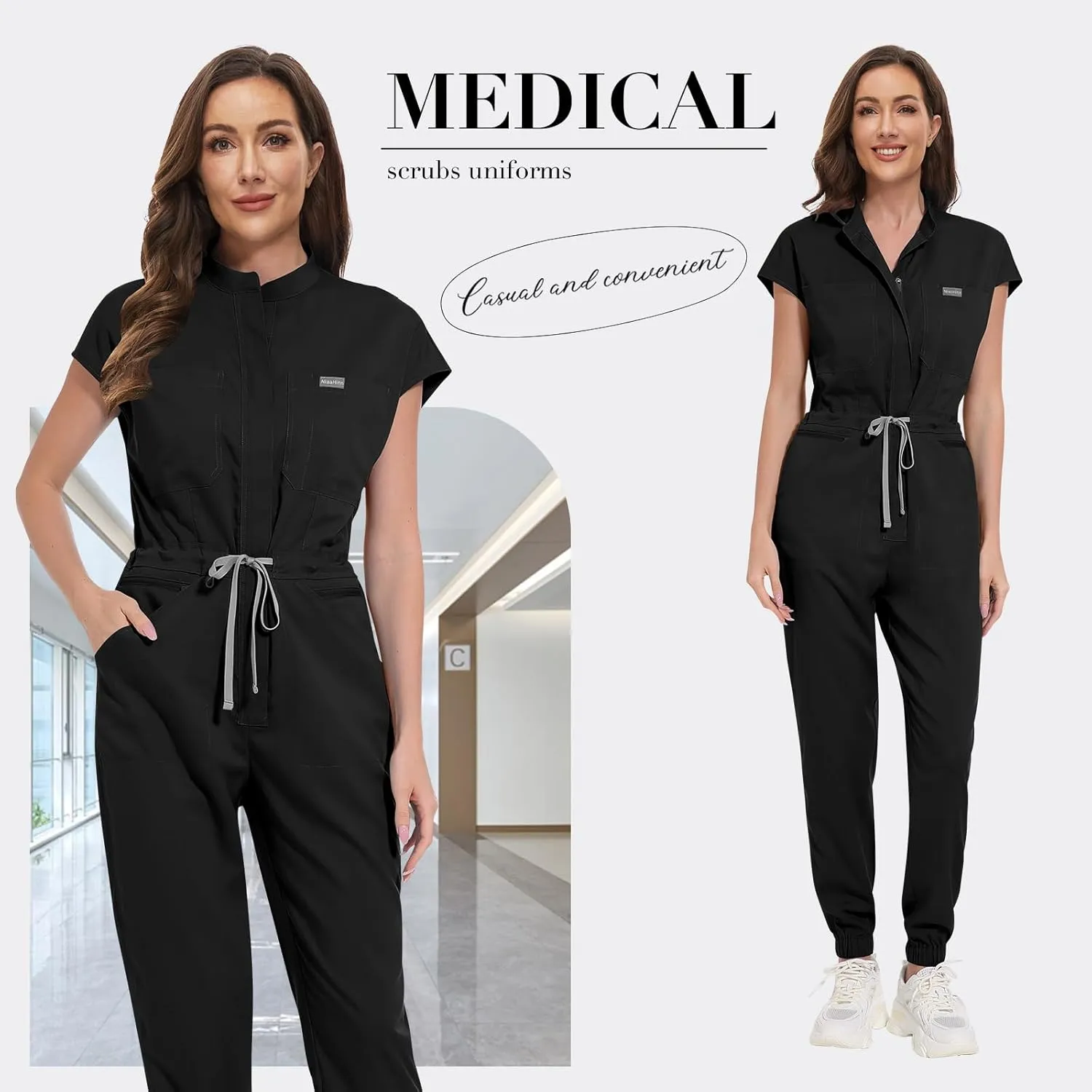 VIAOLI Scrub Jumpsuit One-Piece Short-Sleeved Scrub Set Belted Jogging Yoga Pants Scrub Uniforms for Women Set