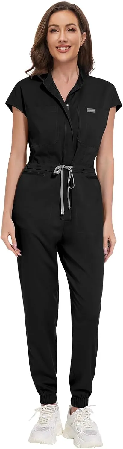 VIAOLI Scrub Jumpsuit One-Piece Short-Sleeved Scrub Set Belted Jogging Yoga Pants Scrub Uniforms for Women Set