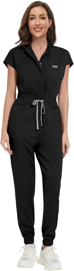 VIAOLI Scrub Jumpsuit One-Piece Short-Sleeved Scrub Set Belted Jogging Yoga Pants Scrub Uniforms for Women Set