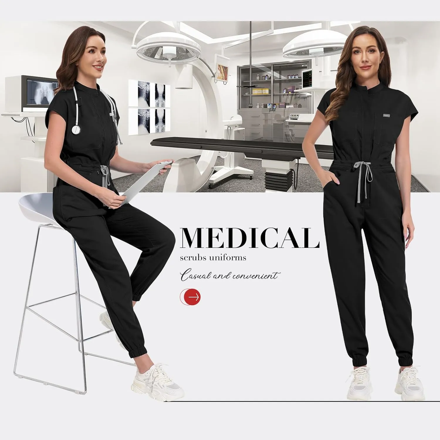 VIAOLI Scrub Jumpsuit One-Piece Short-Sleeved Scrub Set Belted Jogging Yoga Pants Scrub Uniforms for Women Set