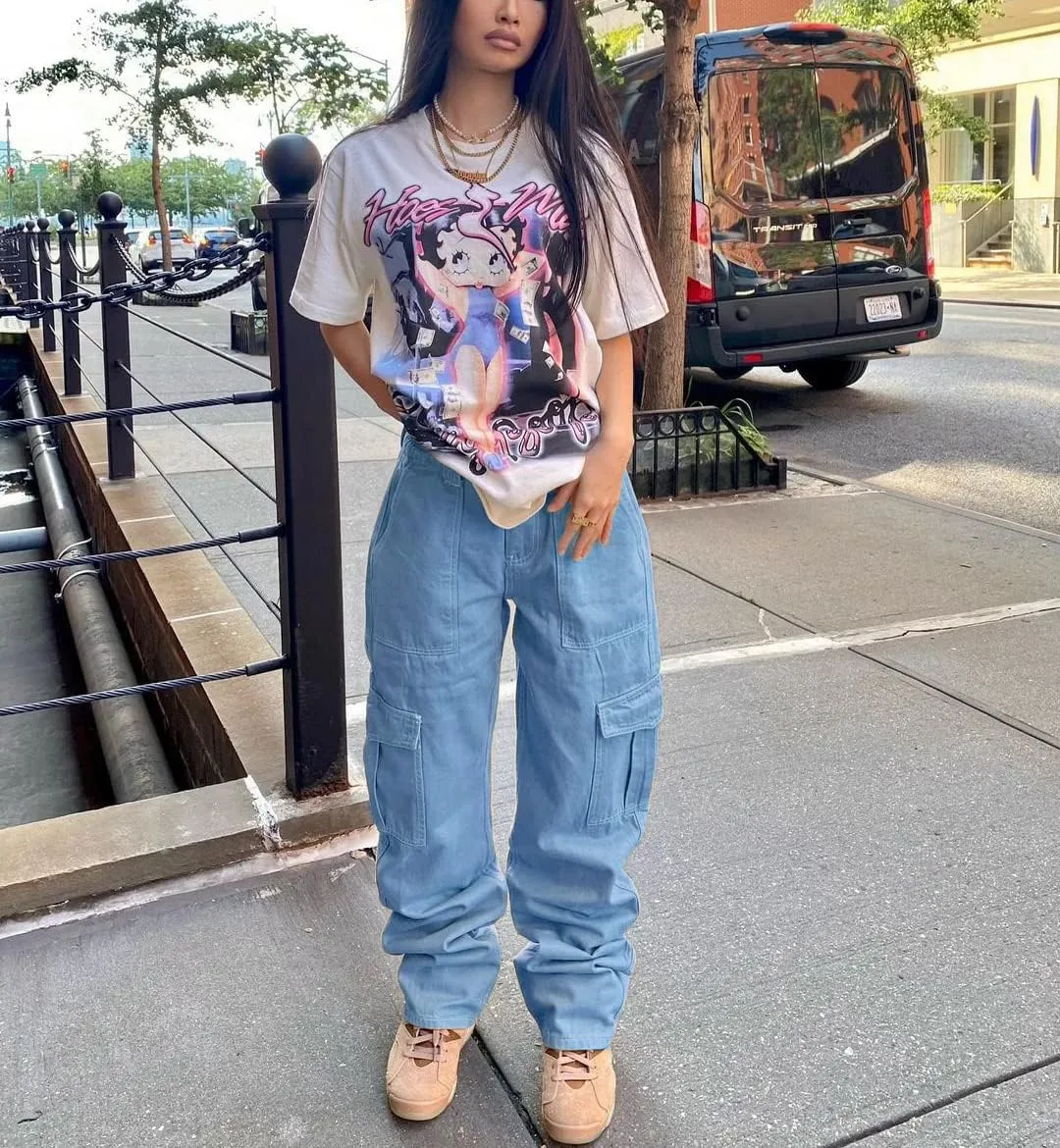 Viatabuna Women's High Waist Straight Leg Y2K Streetwear Cargo Pants Baggy Boyfriend Jeans with Pocket
