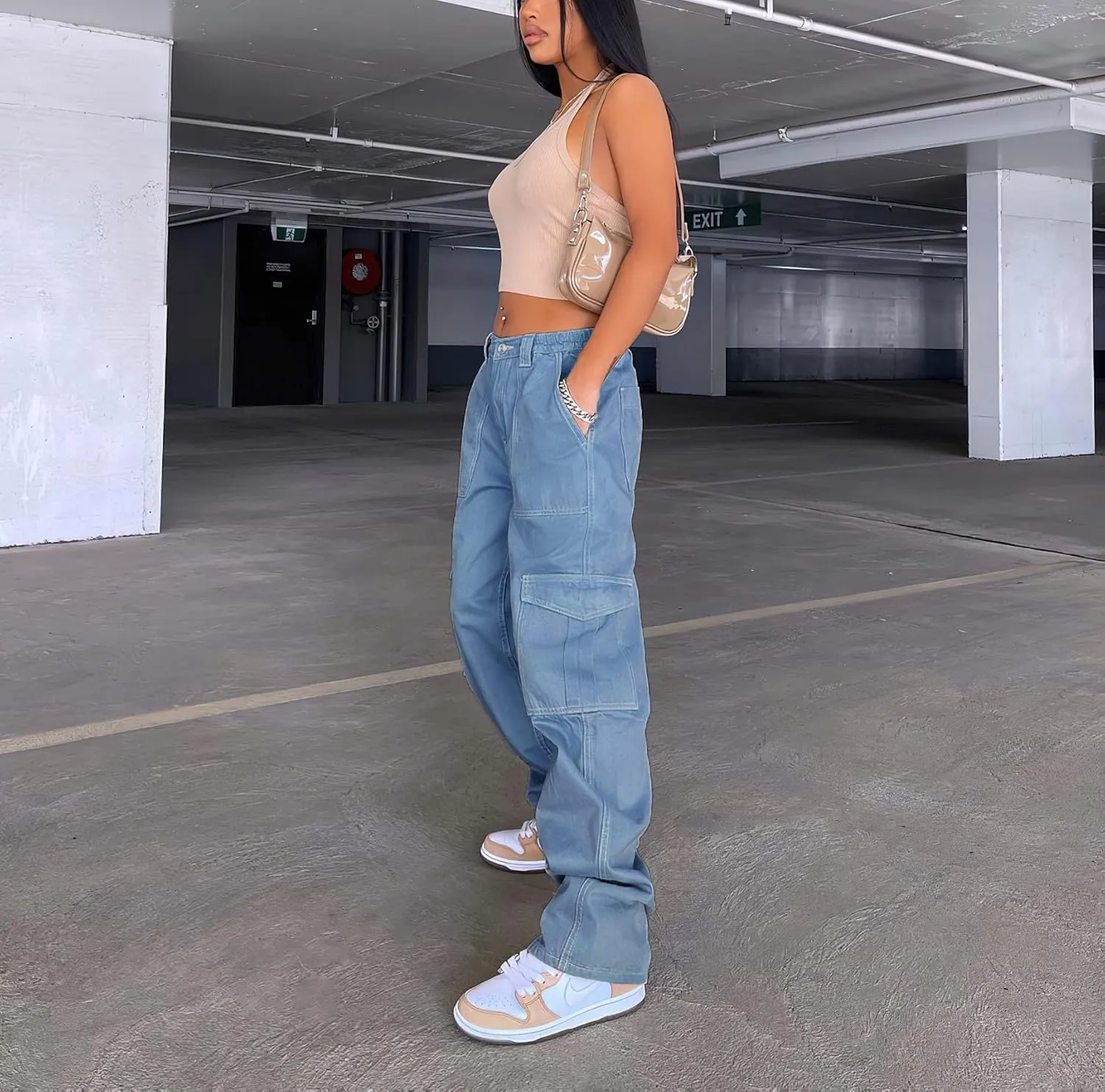 Viatabuna Women's High Waist Straight Leg Y2K Streetwear Cargo Pants Baggy Boyfriend Jeans with Pocket
