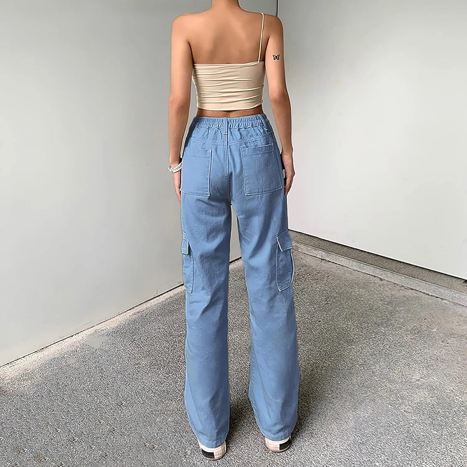 Viatabuna Women's High Waist Straight Leg Y2K Streetwear Cargo Pants Baggy Boyfriend Jeans with Pocket