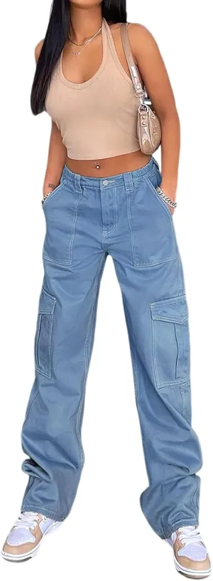 Viatabuna Women's High Waist Straight Leg Y2K Streetwear Cargo Pants Baggy Boyfriend Jeans with Pocket