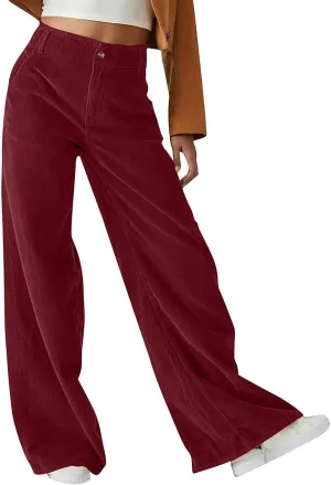 Vintage Corduroy Pants for Women Elastic High Waist Pull On Straight Leg Slacks Casual Lounge Work Trousers Pants