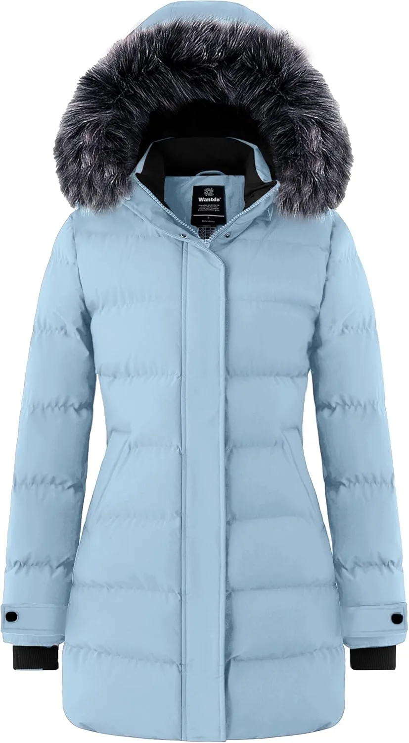 wantdo Women's Long Quilted Winter Coat Thicken Puffer Jacket with Faux Fur Hood