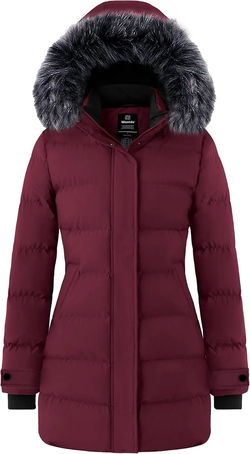 wantdo Women's Long Quilted Winter Coat Thicken Puffer Jacket with Faux Fur Hood