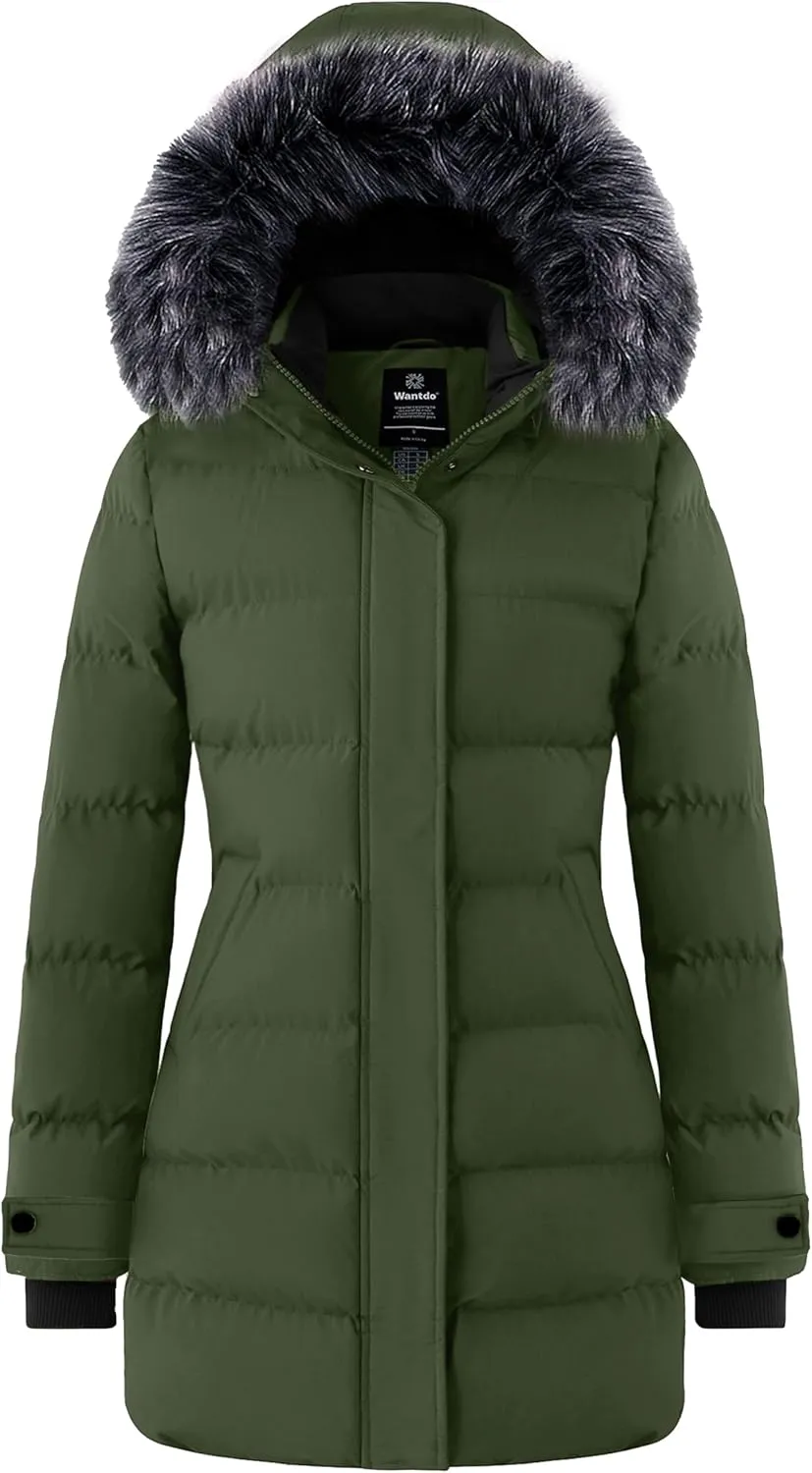 wantdo Women's Long Quilted Winter Coat Thicken Puffer Jacket with Faux Fur Hood