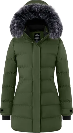 wantdo Women's Long Quilted Winter Coat Thicken Puffer Jacket with Faux Fur Hood