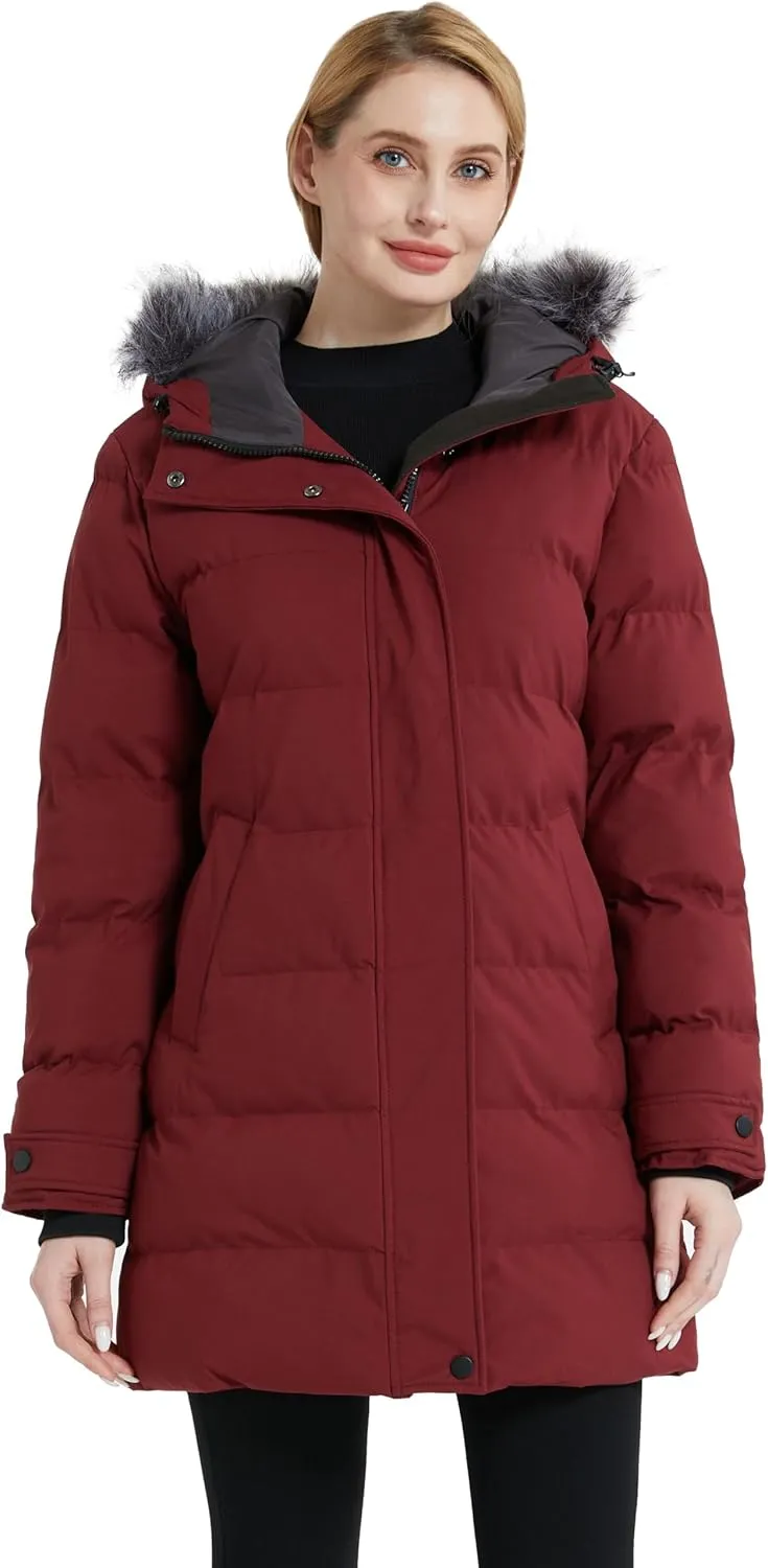 wantdo Women's Long Quilted Winter Coat Thicken Puffer Jacket with Faux Fur Hood