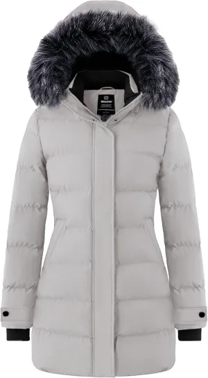 wantdo Women's Long Quilted Winter Coat Thicken Puffer Jacket with Faux Fur Hood