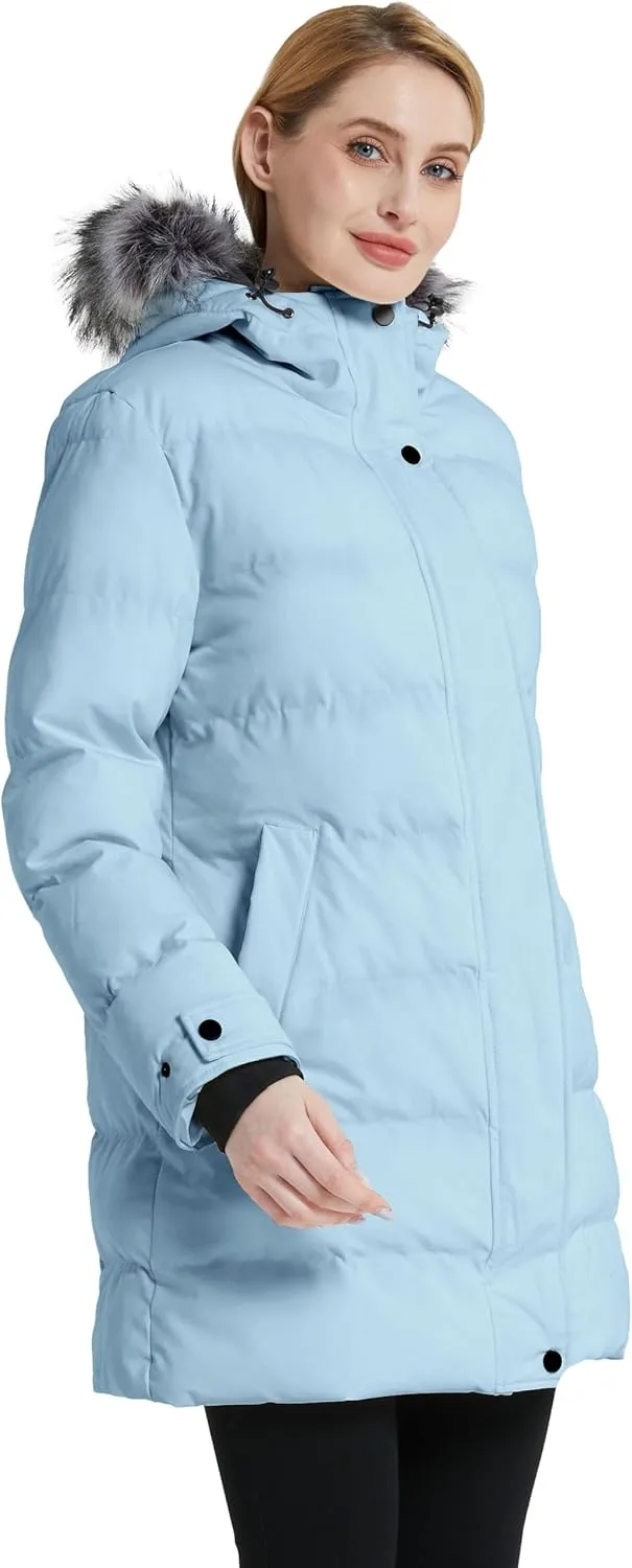 wantdo Women's Long Quilted Winter Coat Thicken Puffer Jacket with Faux Fur Hood