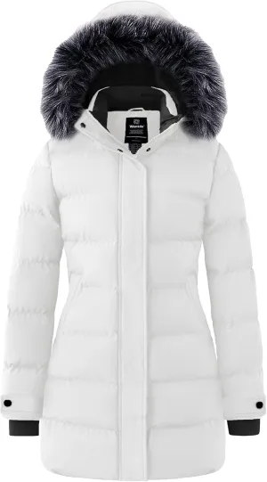 wantdo Women's Long Quilted Winter Coat Thicken Puffer Jacket with Faux Fur Hood