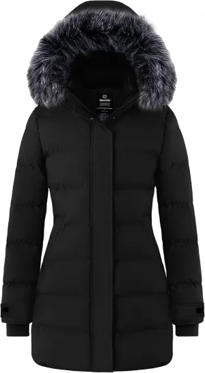 wantdo Women's Long Quilted Winter Coat Thicken Puffer Jacket with Faux Fur Hood