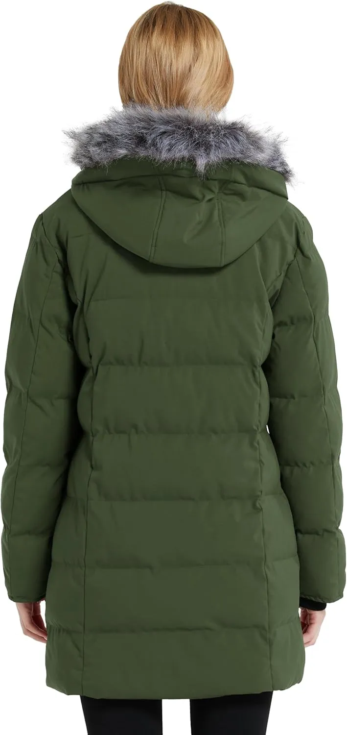 wantdo Women's Long Quilted Winter Coat Thicken Puffer Jacket with Faux Fur Hood