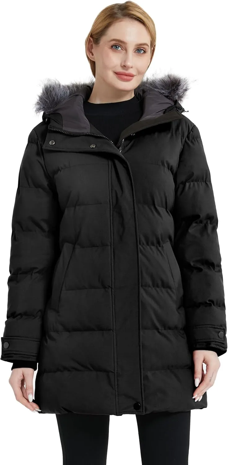 wantdo Women's Long Quilted Winter Coat Thicken Puffer Jacket with Faux Fur Hood