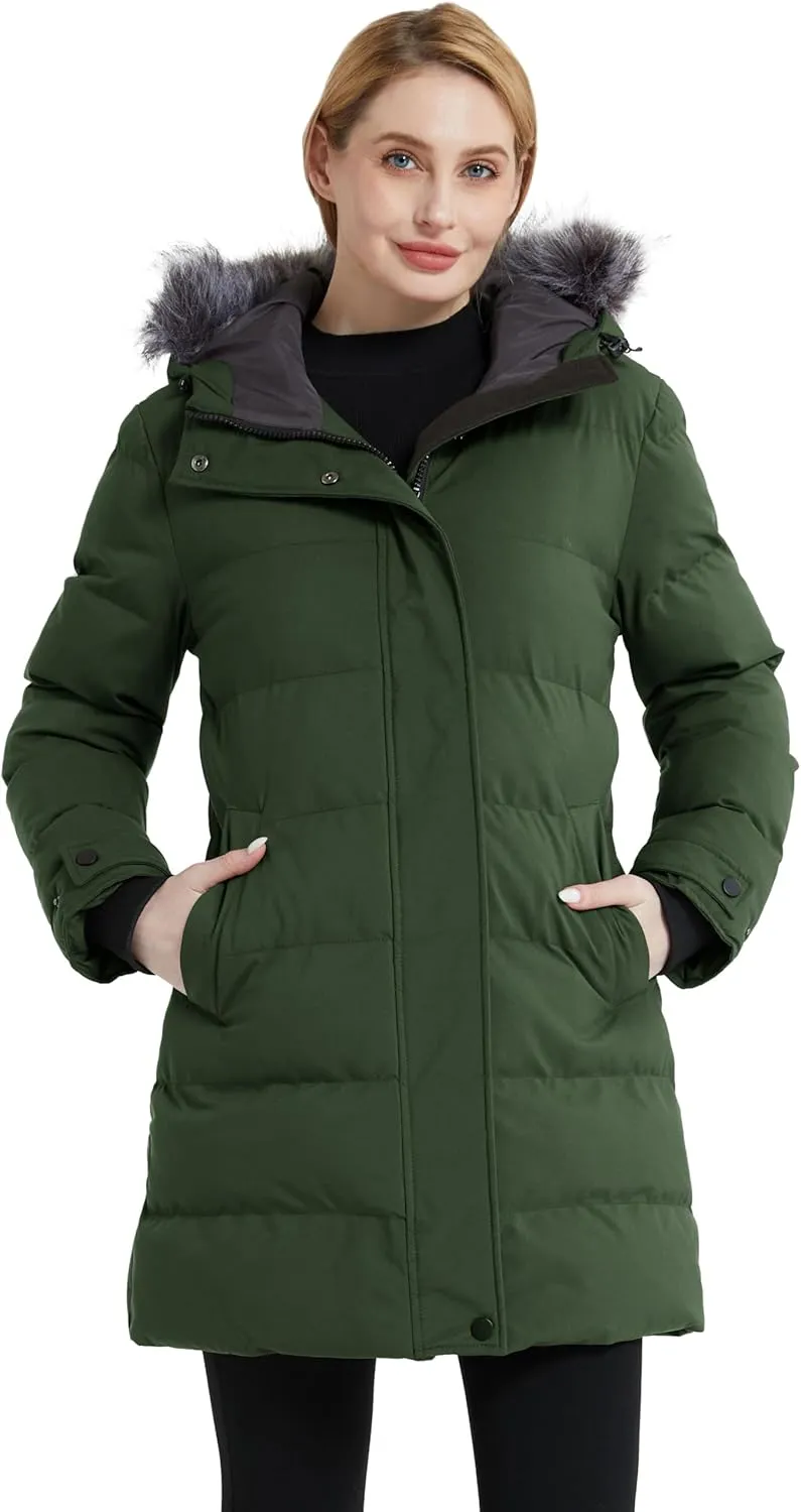 wantdo Women's Long Quilted Winter Coat Thicken Puffer Jacket with Faux Fur Hood
